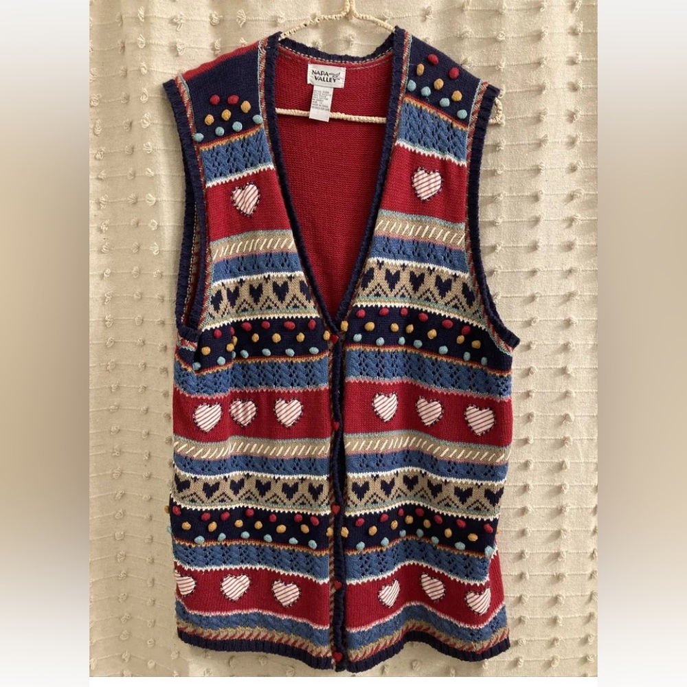 Vintage Napa Valley Red Blue Embroidered Hearts Patchwork Sweater Vest Womens 1X